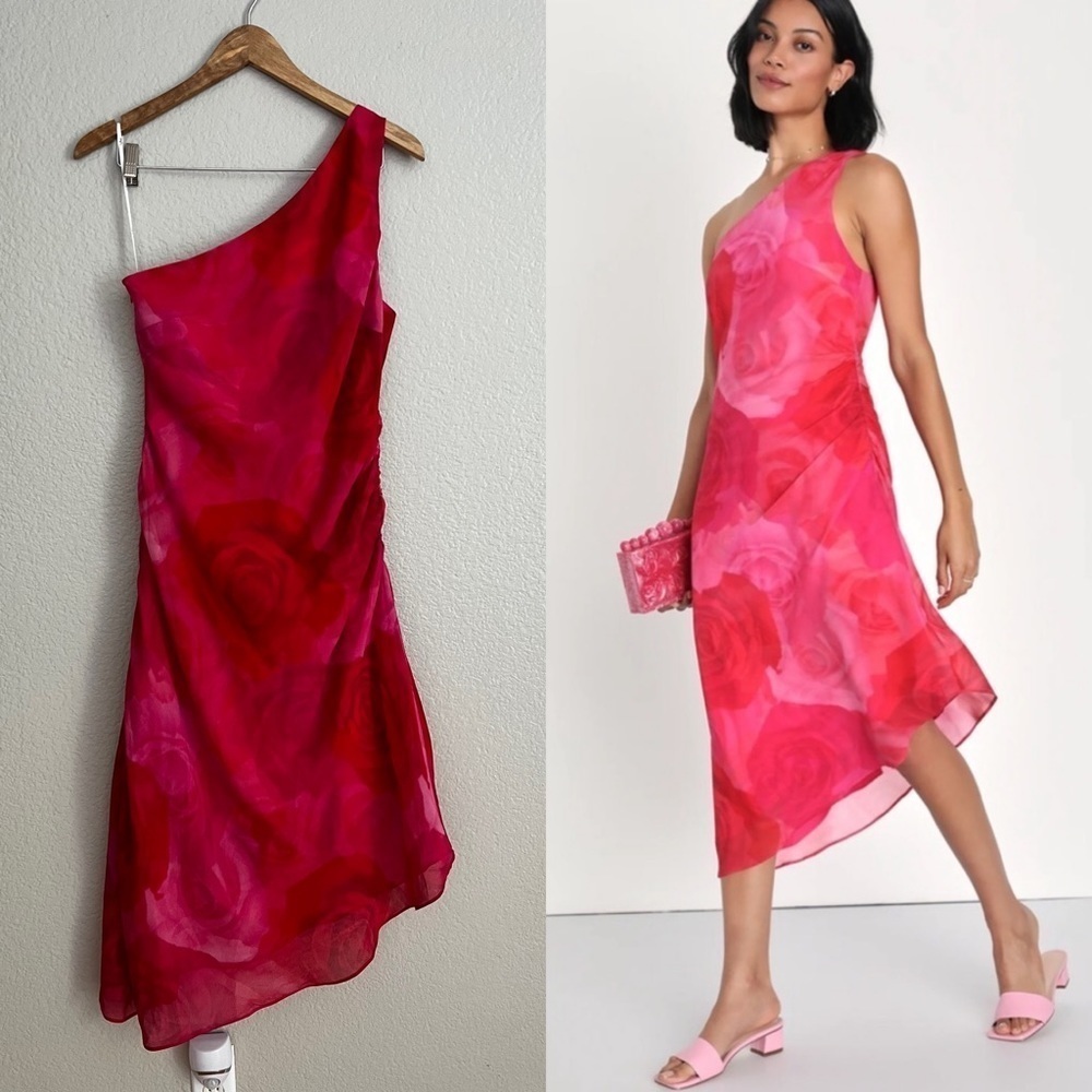 Pretty Serene Pink Floral One-Shoulder Asymmetrical Midi Dress